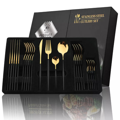 ElegaBestek™ | Gouden Bestek Set: 24-delig, Zwart Handvat, Roestvrij Staal